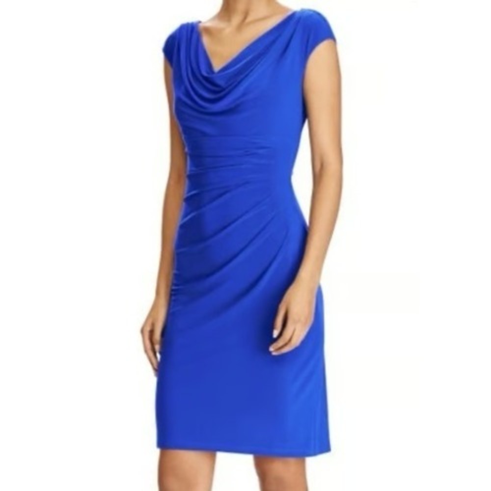 Lauren Ralph Lauren Royal Blue Drape Neck Cap Sleeve Sheath Dress